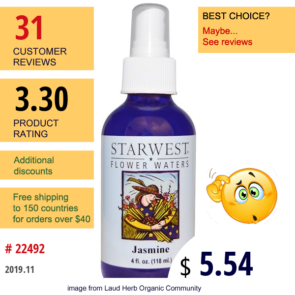 Starwest Botanicals, Flower Waters, Jasmine, 4 Fl Oz (118 Ml)