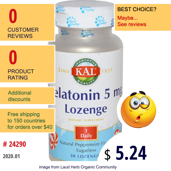 Kal, Melatonin Lozenge, Natural Peppermint Flavor, 5 Mg, 30 Lozenges  