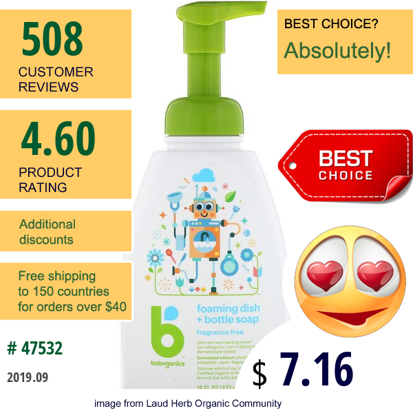 Babyganics, Foaming Dish + Bottle Soap, Fragrance Free, 16 Fl Oz (473 Ml)