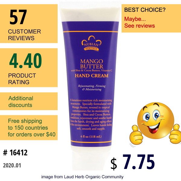 Nubian Heritage, Mango Butter With Shea & Cocoa Butters, Vitamin C, Hand Cream, 4 Fl Oz (118 Ml)  