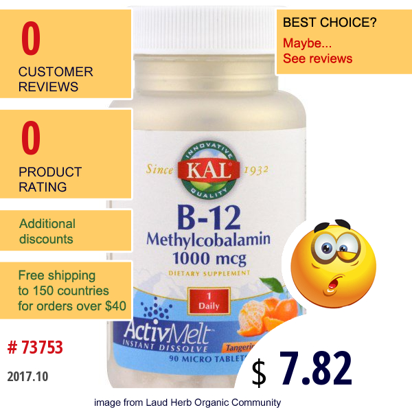 Kal, B-12  Methylcobalamin, Tangerine, 1000 Mcg, 90 Micro Tablets