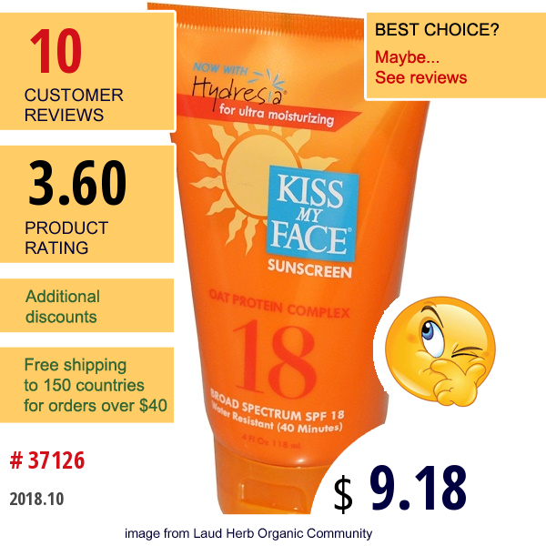 Kiss My Face, Oat Protein Complex 18, Sunscreen, Spf 18, 4 Fl Oz (118 Ml)  