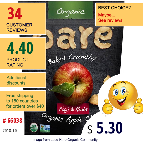 Bare Fruit, Baked Crunchy, Organic Apple Chips, Fuji & Reds, 3 Oz (85 G)