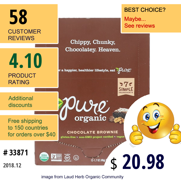 Pure Bar, Organic, Chocolate Brownie, 12 Bars, 1.7 Oz (48 G) Each