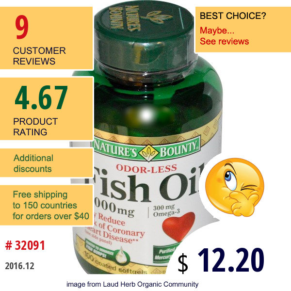 Natures Bounty, Odorless Fish Oil Omega-3, 1000 Mg, 100 Softgels  