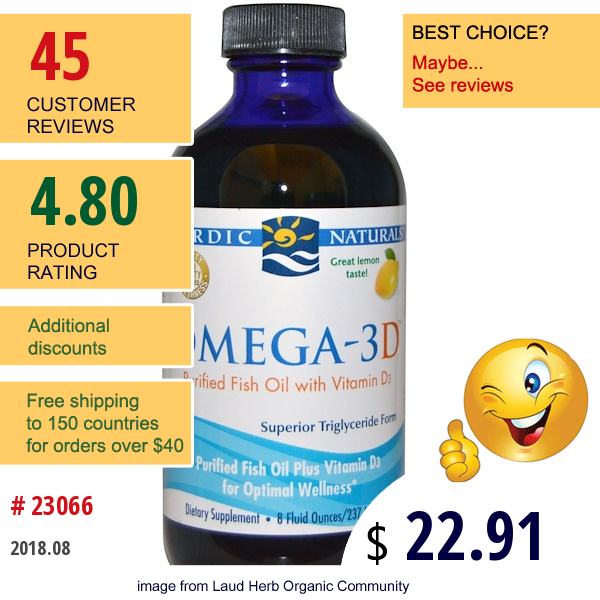 Nordic Naturals, Omega-3D, Purified Fish Oil With Vitamin D3, Lemon, 8 Fl Oz (237 Ml)