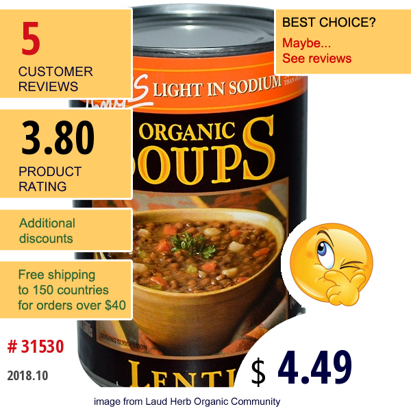 Amys, Organic Soups, Lentil, Light In Sodium, 14.5 Oz (411 G)