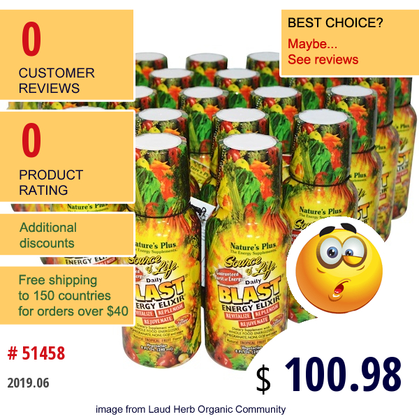 Natures Plus, Source Of Life, Daily Blast Energy Elixir, Tropical Fruit, 24 Bottles, 8 Fl Oz (240 Ml) Each  