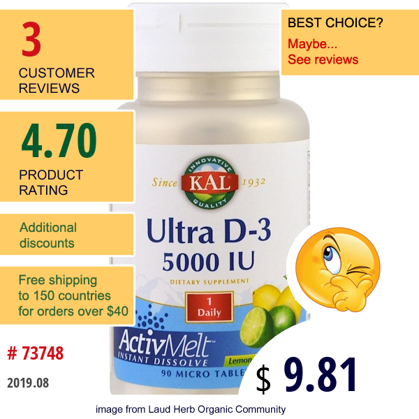 Kal, Ultra D-3 Activmelt, Lemon Lime, 5000 Iu, 90 Micro Tablets  