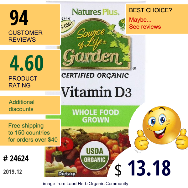 Nature'S Plus, Source Of Life, Garden, Vitamin D3, 60 Veggie Caps