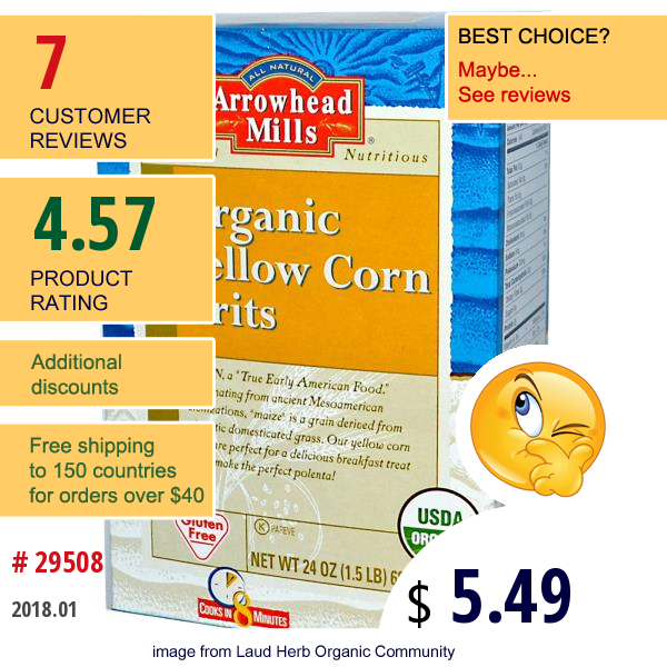 Arrowhead Mills, Organic Yellow Corn Grits, 24 Oz (680 G)