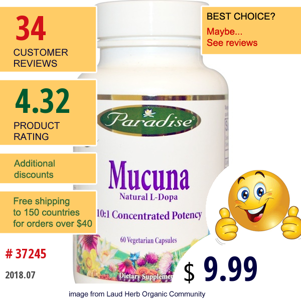 Paradise Herbs, Organics, Mucuna, 60 Veggie Caps