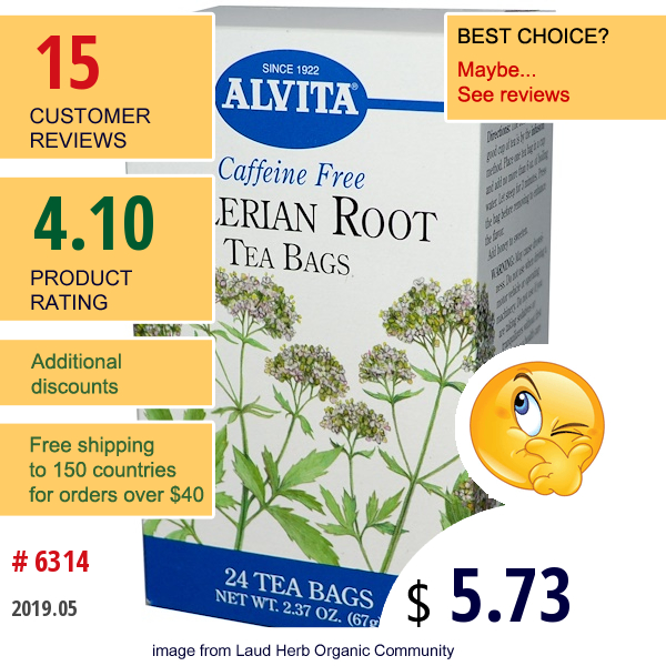 Alvita Teas, Valerian Root, Caffeine Free, 24 Tea Bags, 2.37 Oz (67 G)  