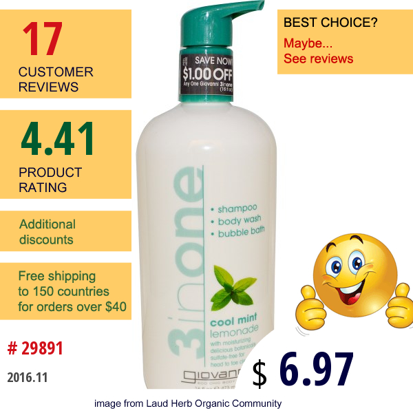 Giovanni, 3 In One, Shampoo - Body Wash - Bubble Bath, Cool Mint Lemonade, 16 Fl Oz (473 Ml)  