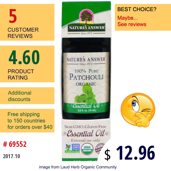 Natures Answer, Organic Essential Oil, 100% Pure Patchouli , 0.5 Fl Oz (15 Ml)