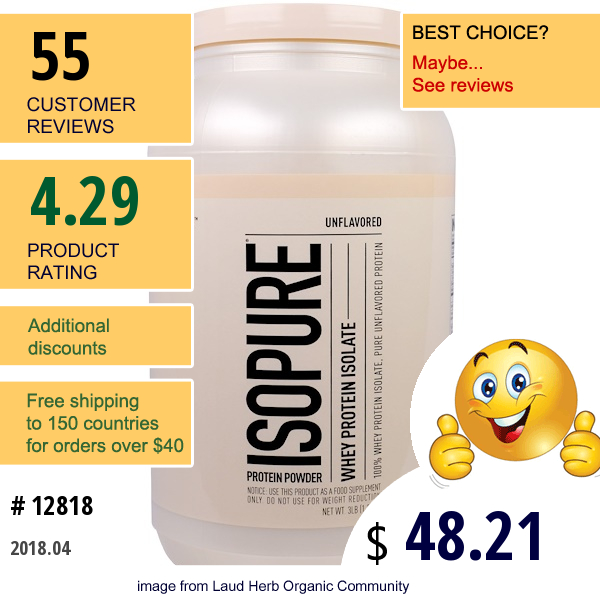 Natures Best, Isopure, Whey Protein Isolate, Unflavored, 3 Lb, (1.36 Kg)