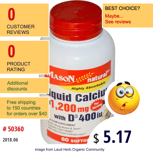 Mason Natural, Liquid Calcium, With D3 400 Iu, 1,200 Mg, 60 Softgels  