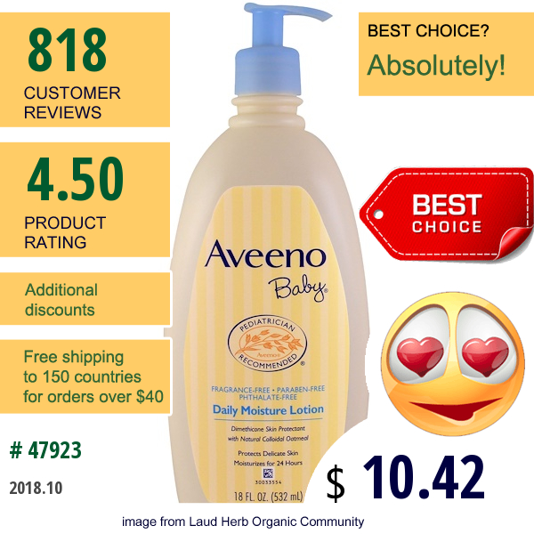 Aveeno, Baby, Daily Moisture Lotion, Fragrance Free, 18 Fl Oz (532 Ml)