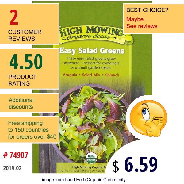 High Mowing Organic Seeds, Easy Salad Greens, Organic Seed Collection, Variety Pack, 3 Packets  