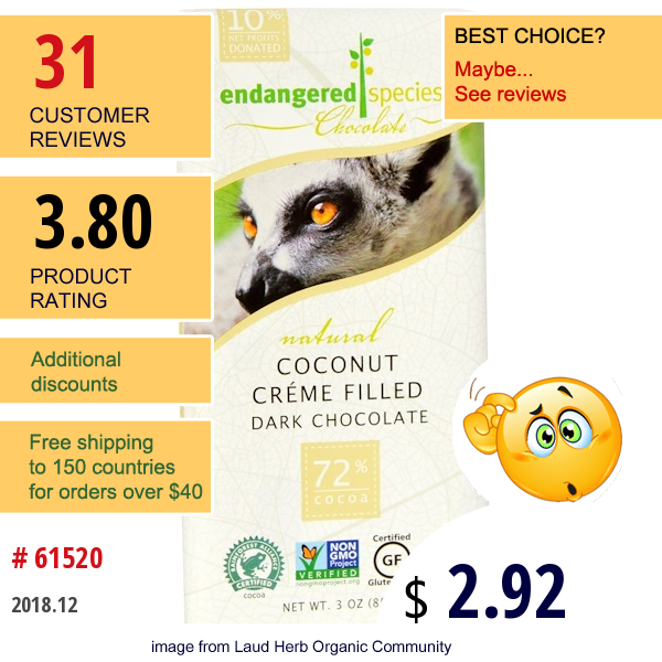 Endangered Species Chocolate, Coconut Creme Filled Dark Chocolate, 3 Oz (85 G)  