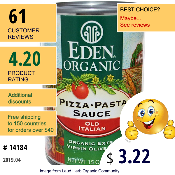 Eden Foods, Organic Pizza • Pasta Sauce, 15 Oz (425 G)  