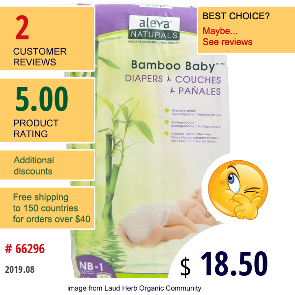 Aleva Naturals, Bamboo Baby Diapers, Nb To 1, 4-9 Lbs (2-4 Kg), 32 Count  