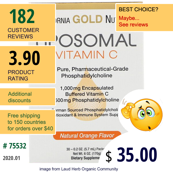California Gold Nutrition, Liposomal Vitamin C, Natural Orange Flavor, 1000 Mg, 30 Packets, 0.2 Oz (5.7 Ml) Each