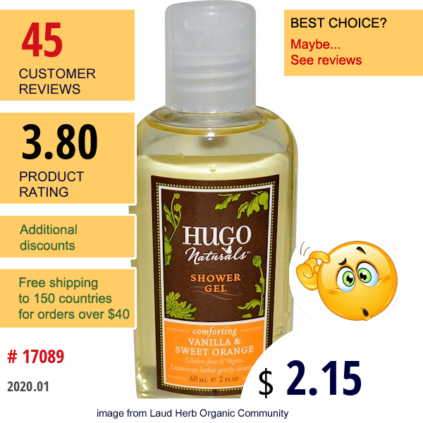 Hugo Naturals, Shower Gel, Vanilla & Sweet Orange, 2 Fl Oz (60 Ml)  