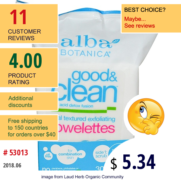 Alba Botanica, Good & Clean, Dual Textured Exfoliating Towelettes, Oil Free, 30 Wet Towelettes