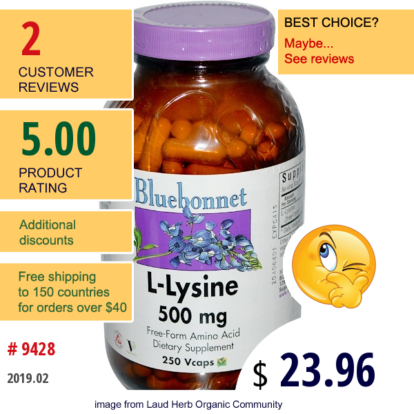 Bluebonnet Nutrition, L-Lysine, 500 Mg, 250 Vcaps  