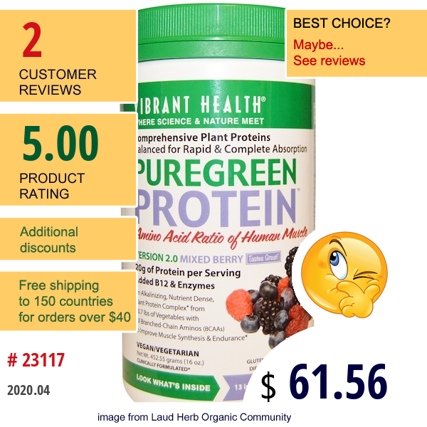 Vibrant Health, Puregreen Protein, Version 2.0, Mixed Berry, 16 Oz (452.55 G)  