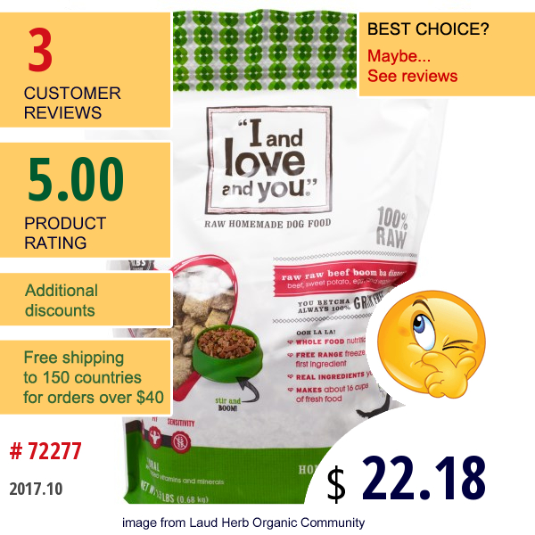 I And Love And You, Raw Homemade Dog Food, Raw Raw Beef Boom Ba Dinner, 1.5 Lbs (0.68 Kg)