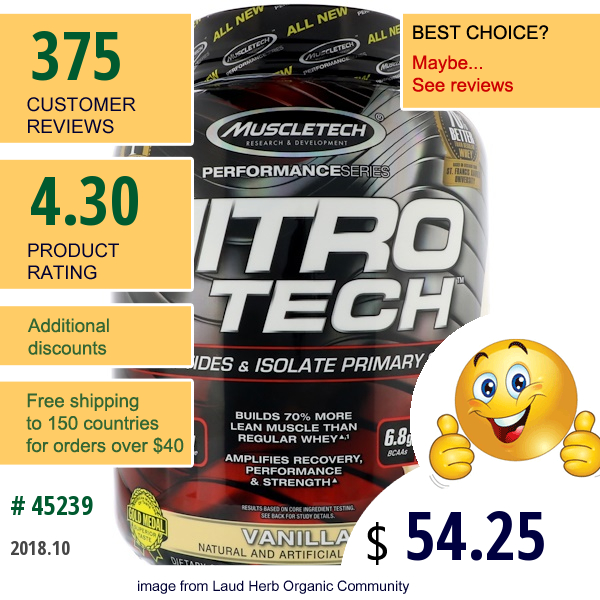 Muscletech, Nitro-Tech, Whey Peptides & Isolate Primary Source, Vanilla, 4 Lbs (1.81 Kg)