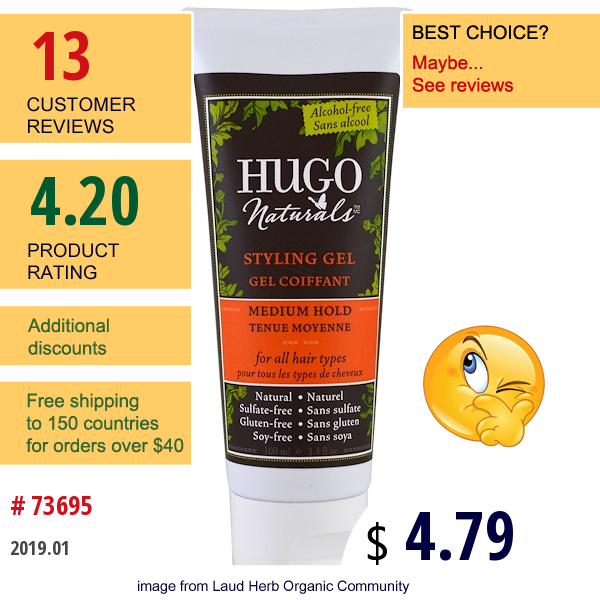 Hugo Naturals, Styling Gel, Medium Hold, 3.4 Fl Oz (100 Ml)  