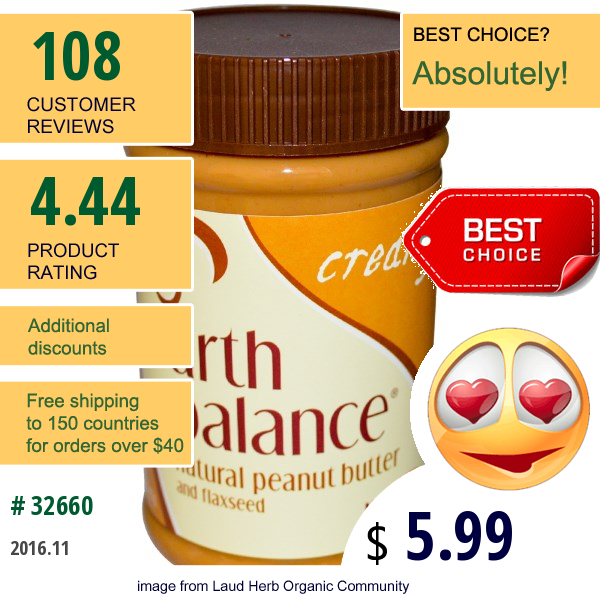 Earth Balance, Natural Peanut Butter And Flaxseed, Creamy, 16 Oz (453 G)