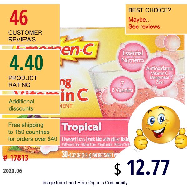 Emergen-C, Vitamin C, Tropical, 1,000 Mg, 30 Packets, 0.32 Oz (9.2 G) Each