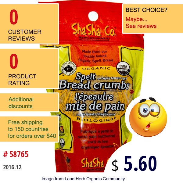 Shasha Bread Co, Organic Spelt Bread Crumbs, 10.5 Oz (300 G)  