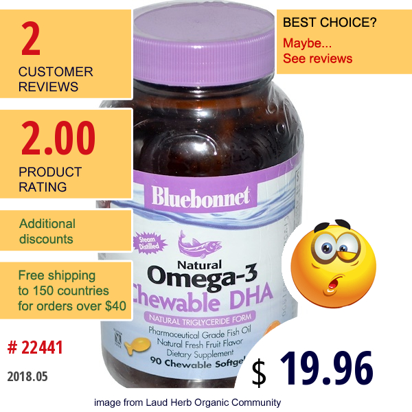 Bluebonnet Nutrition, Natural Omega-3 Chewable Dha, Natural Fresh Fruit Flavor, 90 Chewable Softgels  