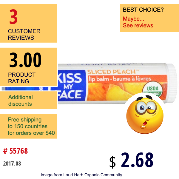 Kiss My Face, Organic Lip Balm, Sliced Peach, .18 Oz (5.1 G)  