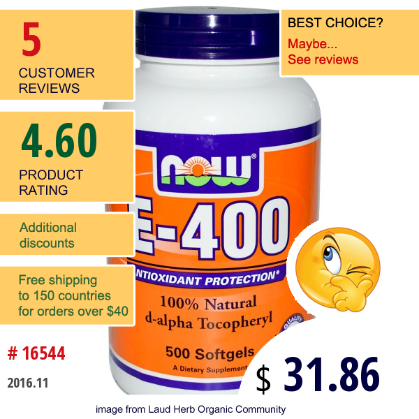 Now Foods, E-400, 100% Natural D-Alpha Tocopheryl, 500 Softgels  