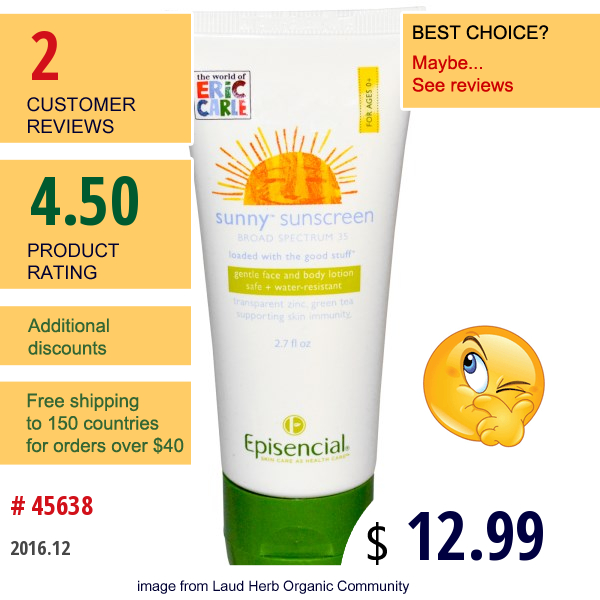 Episencial, Sunny Sunscreen, Broad Spectrum 35, For Ages 0+, 2.7 Fl Oz  