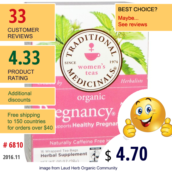 Traditional Medicinals, Womens Tea, Organic Pregnancy Tea, Caffeine Free, 16 Wrapped Tea Bags, .99 Oz (28 G)
