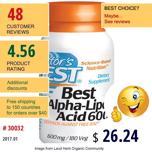 Doctors Best, Best Alpha-Lipoic Acid, 600 Mg, 180 Veggie Caps