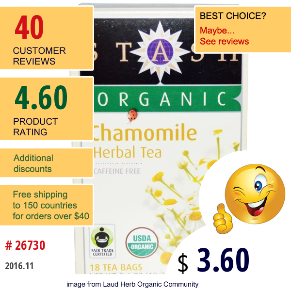 Stash Tea, Organic Chamomile Herbal Tea, Caffeine Free, 18 Tea Bags, 0.6 Oz (18 G)