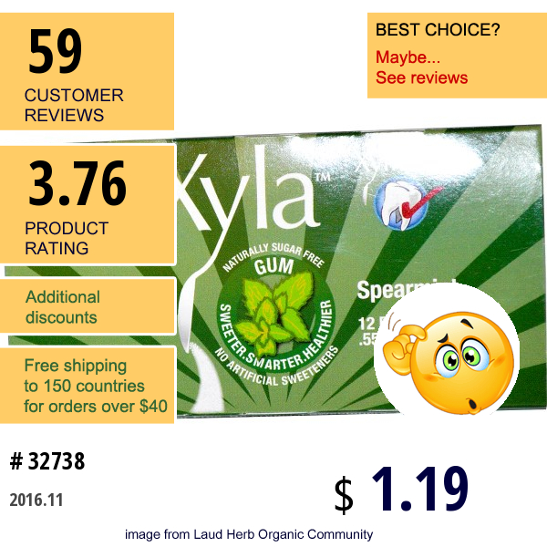 Xylitol Usa, Xyla, Naturally Sugar Free Gum, Spearmint, 12 Pieces, .55 Oz (15.6 G)  