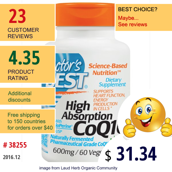 Doctors Best, High Absorption Coq10, With Bioperine, 600 Mg, 60 Veggie Caps