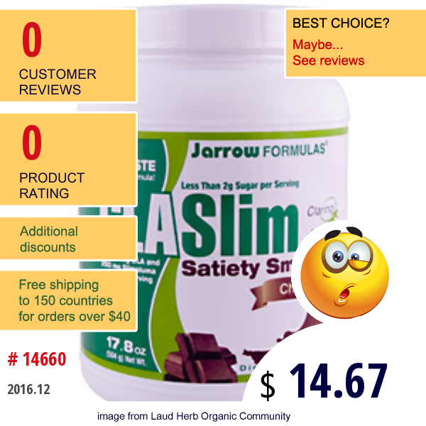 Jarrow Formulas, Cla Slim Satiety Smoothie, Chocolate, 17.8 Oz (504 G)  