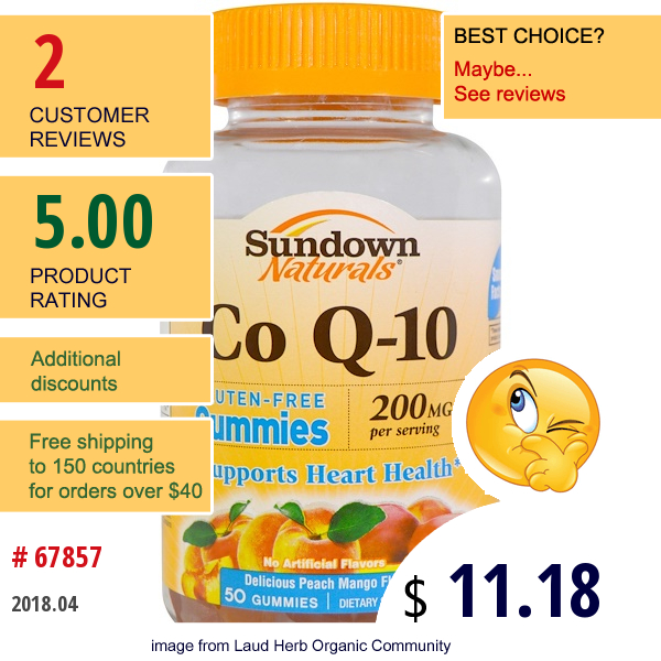 Sundown Naturals, Co Q-10, 200 Mg, Peach Mango Flavor, 50 Gummies