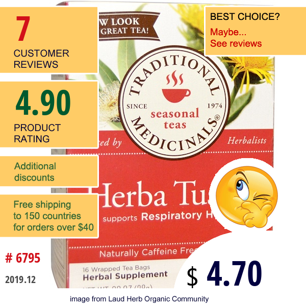 Traditional Medicinals, Herbal Tea, Herba Tussin, Caffeine Free, 16 Wrapped Tea Bags, .99 Oz (28 G)  