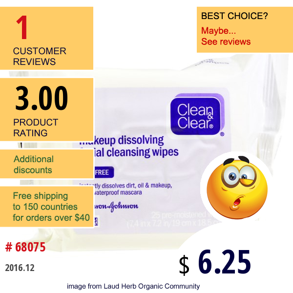 Clean & Clear, Makeup Dissolving Facial Cleansing Wipes, 25 Pre-Moistened Wipes